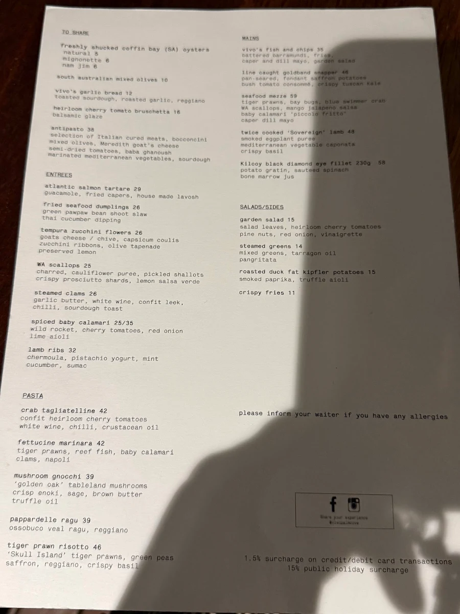 Menu, Vivo Palm Cove