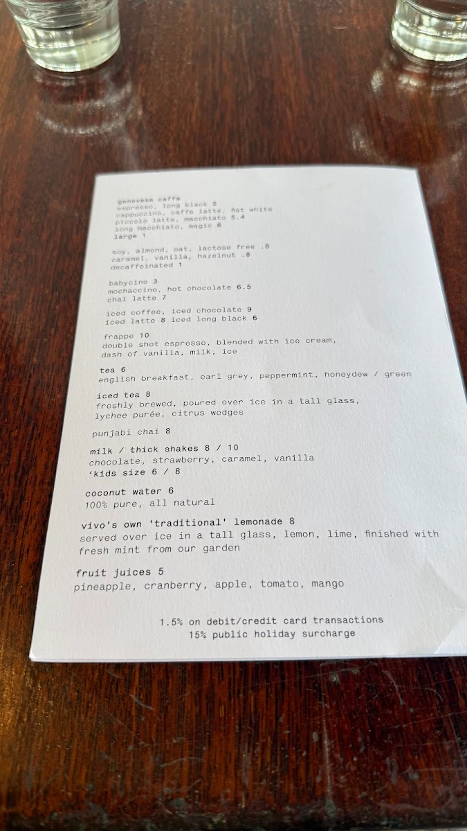 Menu, Vivo Palm Cove