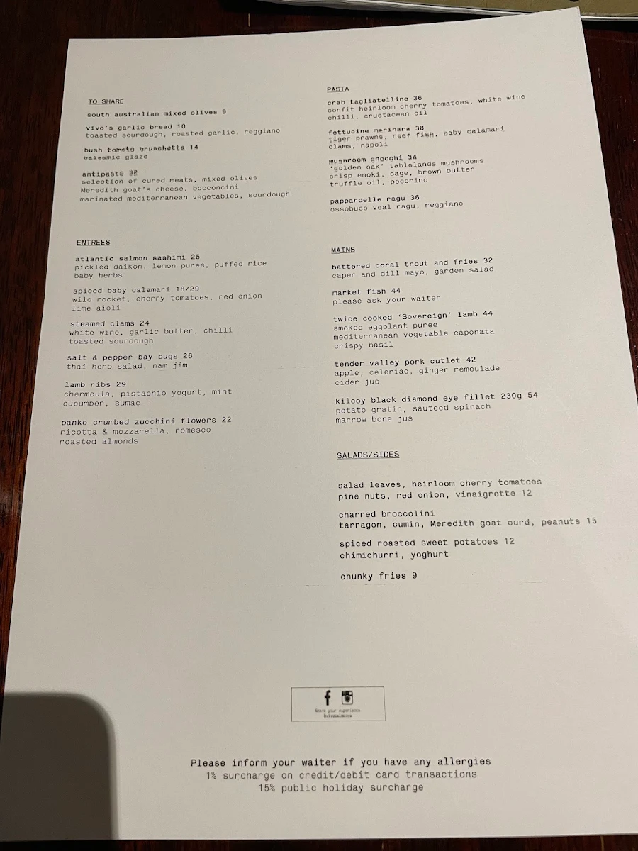 Menu, Vivo Palm Cove