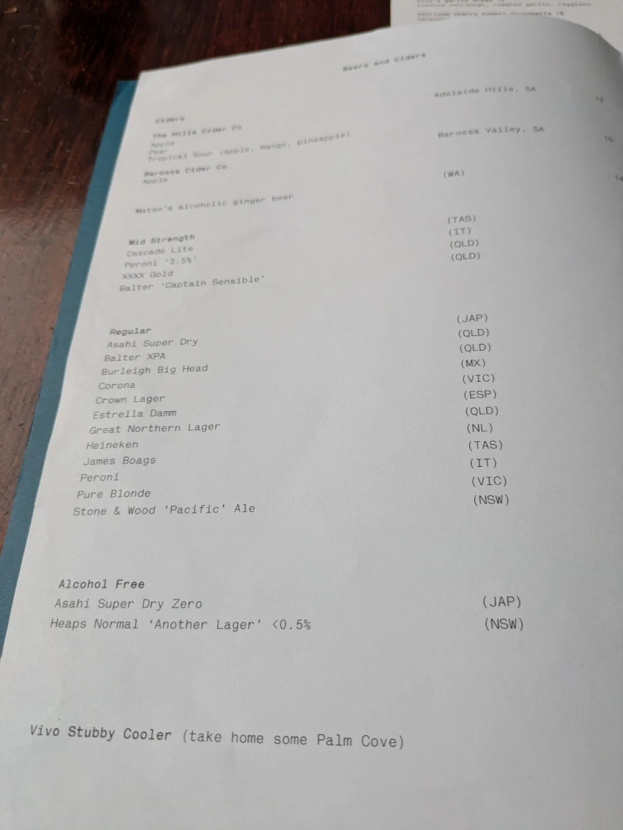 Menu, Vivo Palm Cove