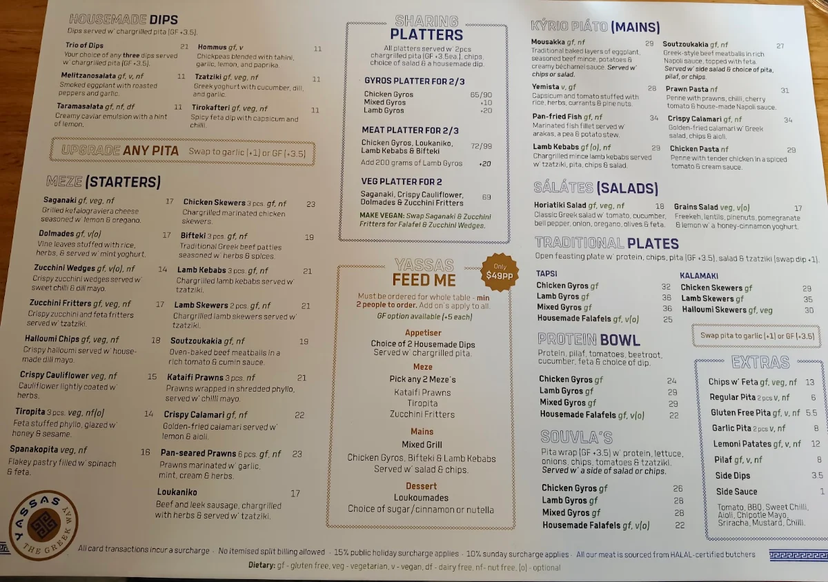 Menu, YASSAS - THE GREEK WAY (EASTLAND)