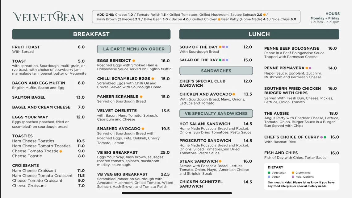 Menu, Velvet Bean Cafe, Docklands