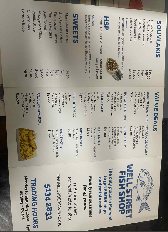 Menu, Well St Fish N Chips