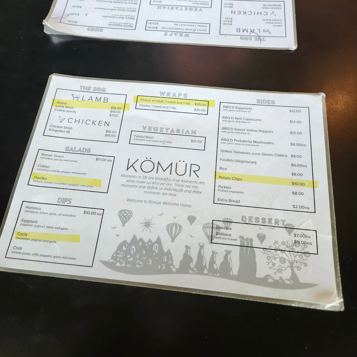 Menu, Komur