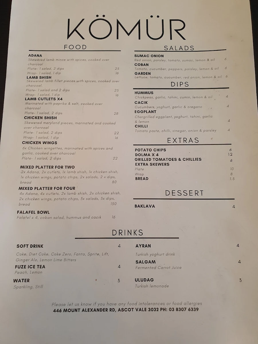 Menu, Komur
