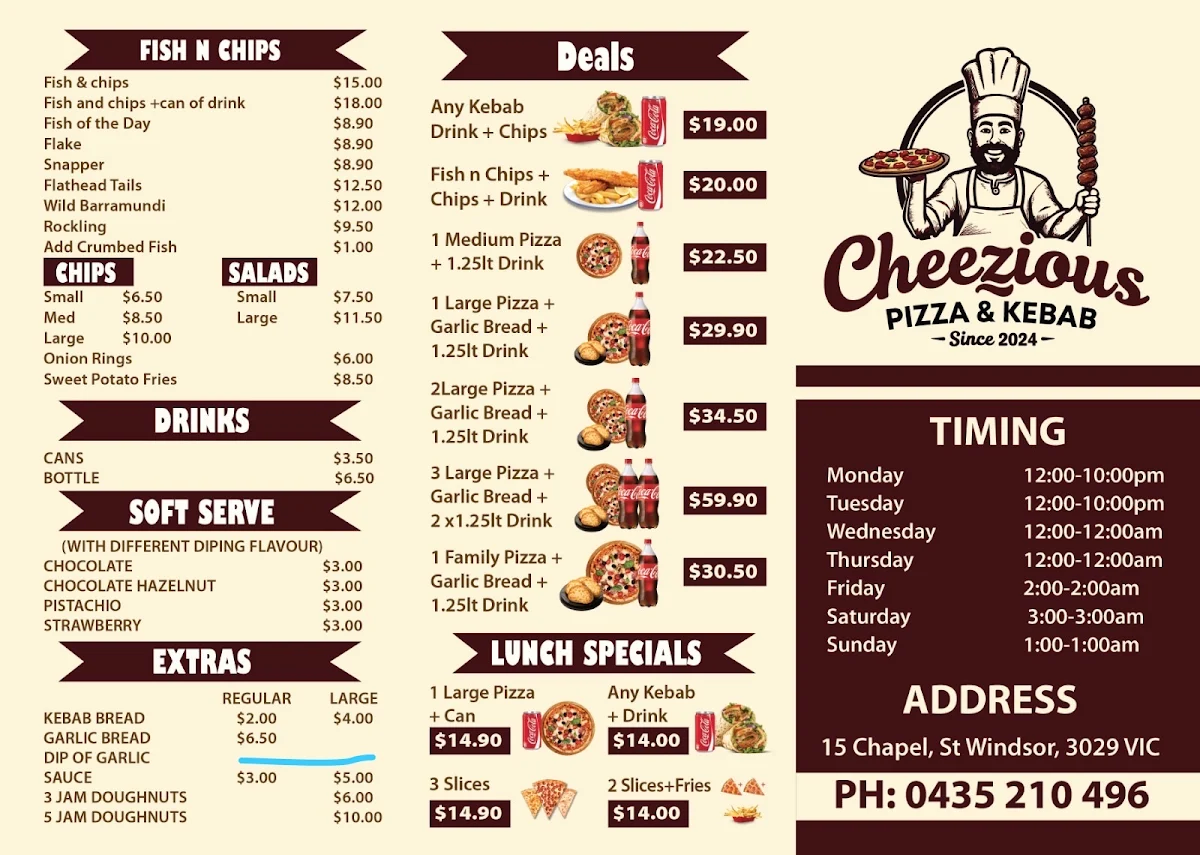 Menu, Cheezious Pizza & Kebab