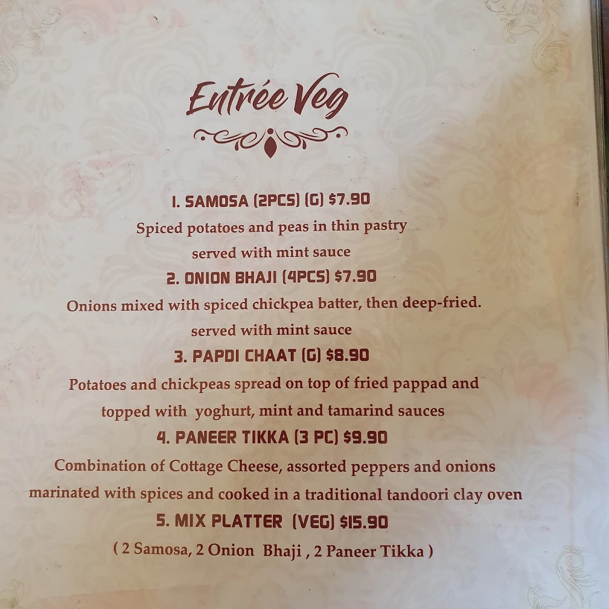 Menu, Indian Cottage