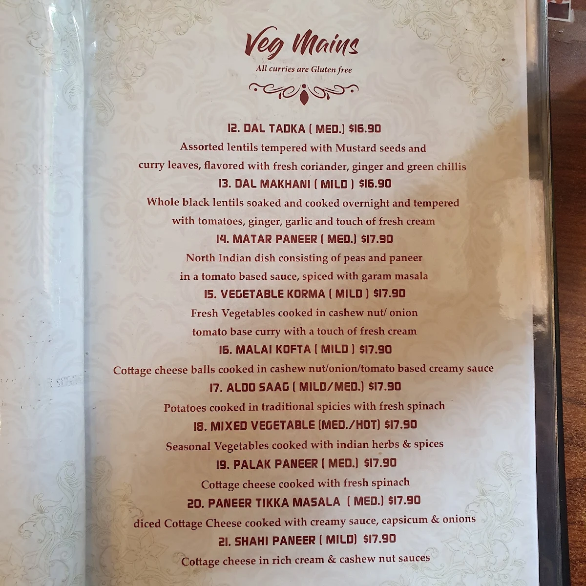 Menu, Indian Cottage