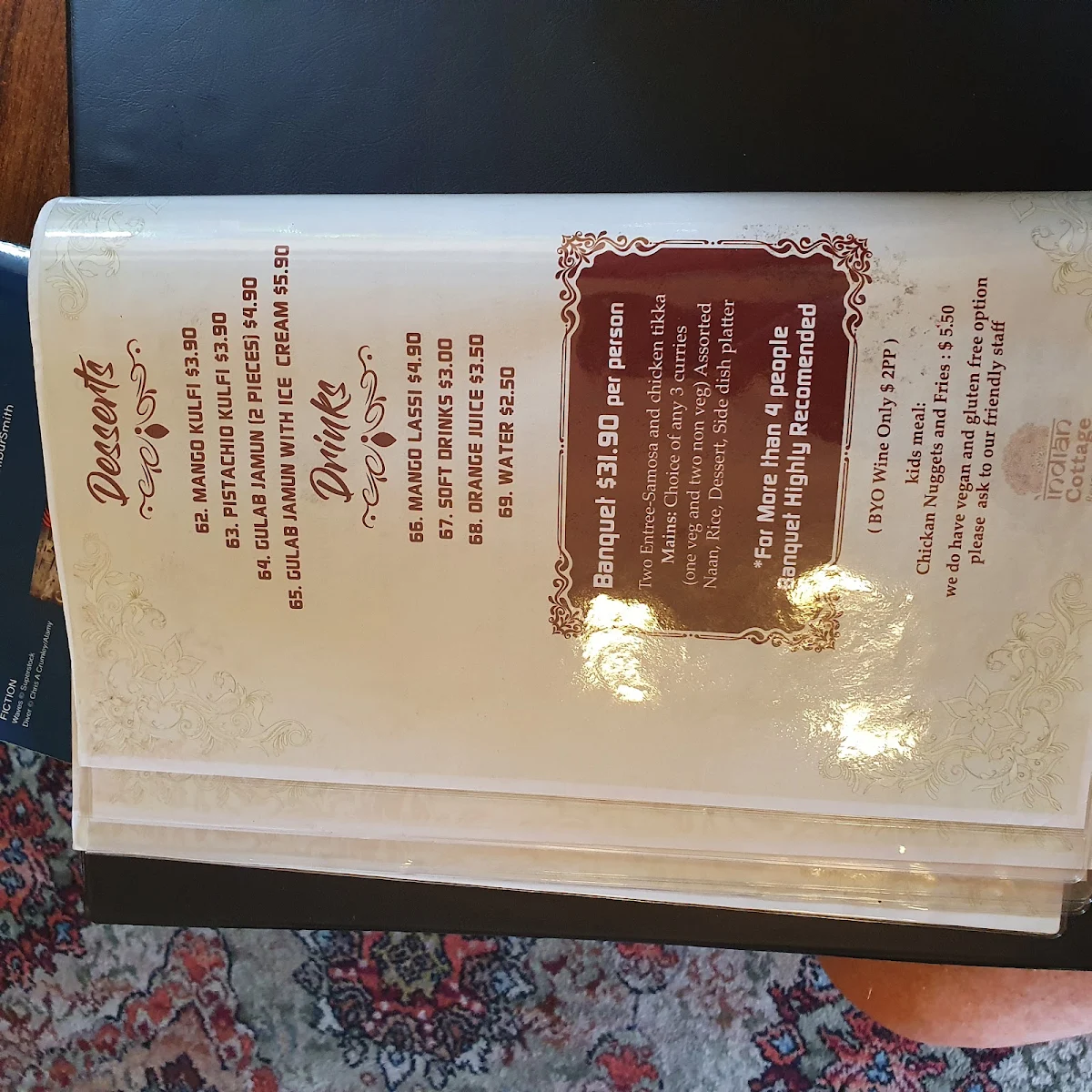 Menu, Indian Cottage