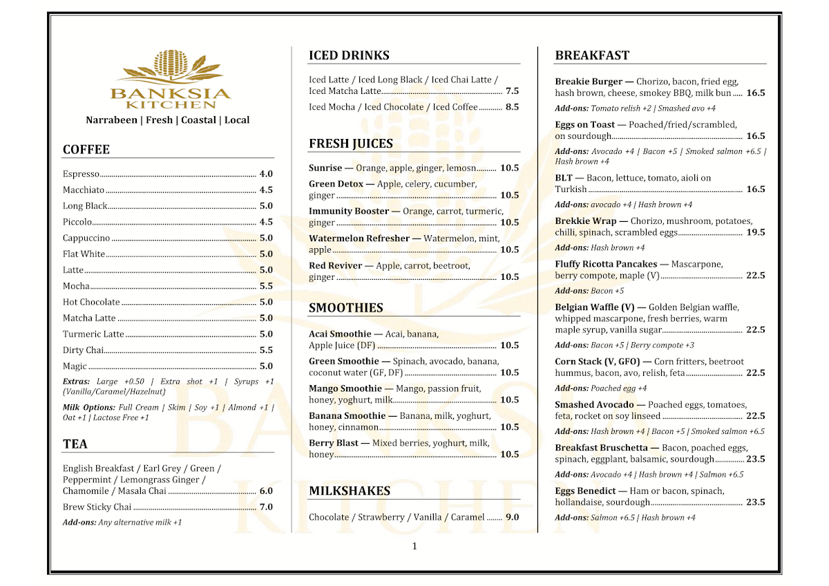 Menu, Banksia Kitchen Narrabeen