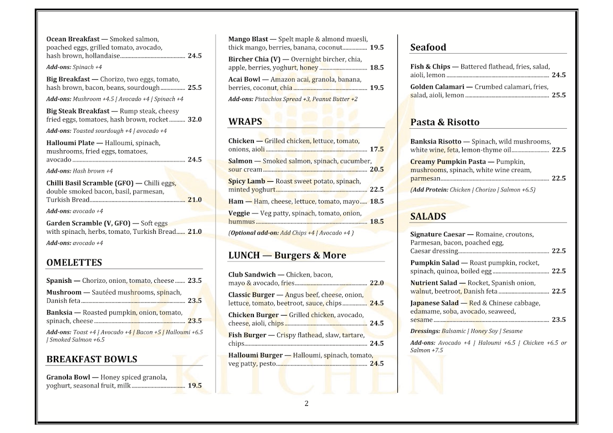 Menu, Banksia Kitchen Narrabeen