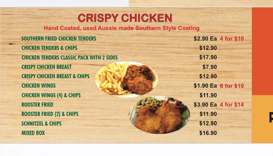 Menu, Rooster & Grill