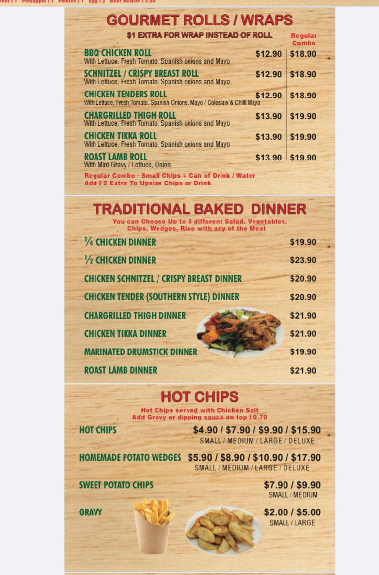 Menu, Rooster & Grill