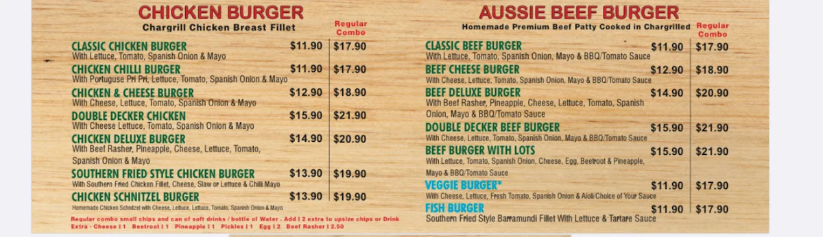 Menu, Rooster & Grill