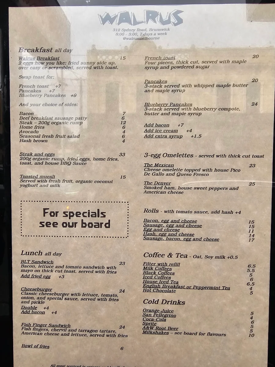 Menu, Walrus
