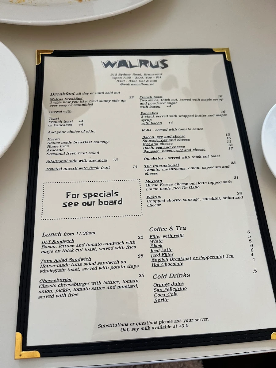 Menu, Walrus