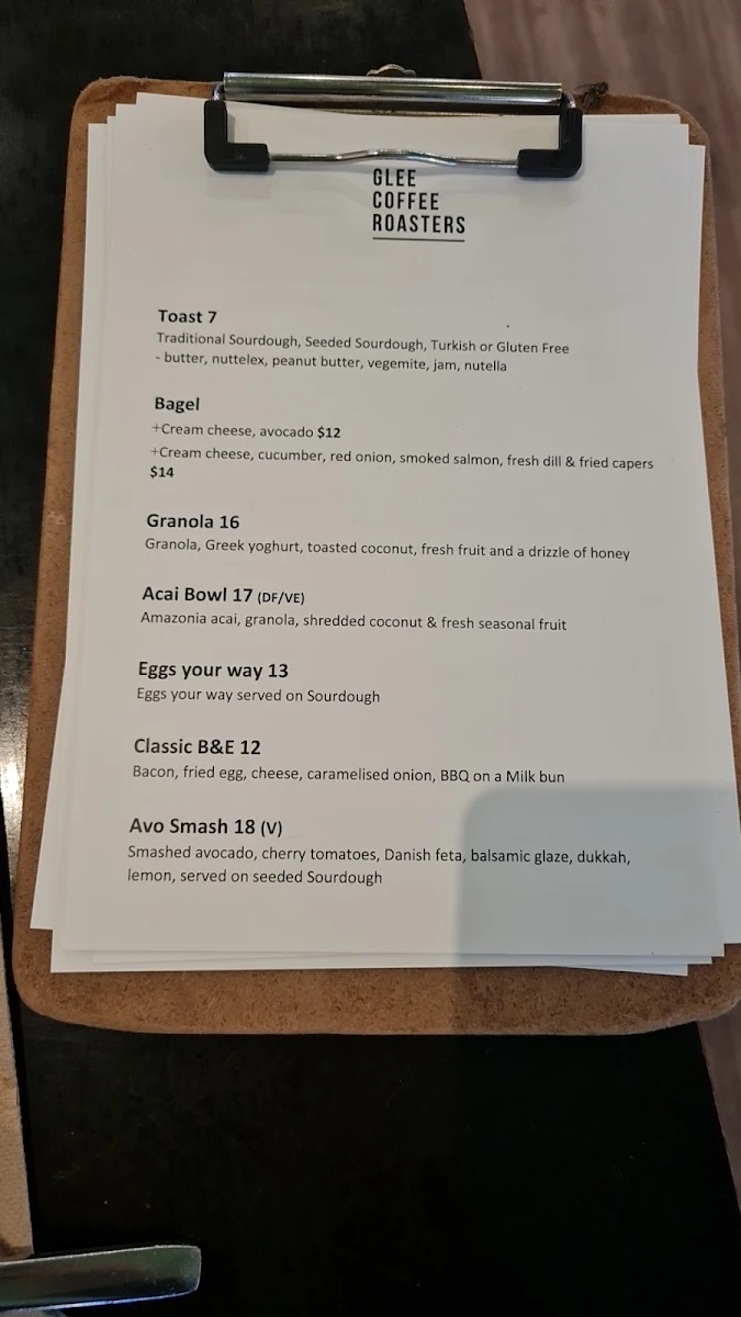 Menu, Glee Coffee Roasters Erina Heights
