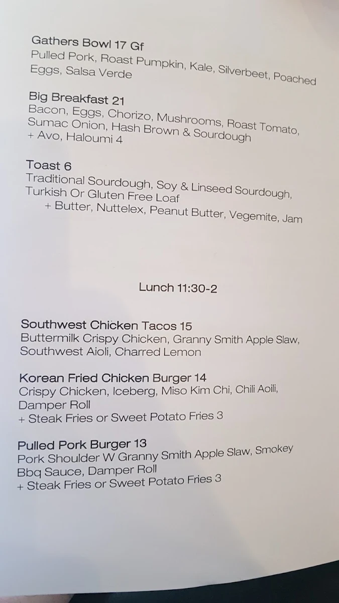 Menu, Glee Coffee Roasters Erina Heights