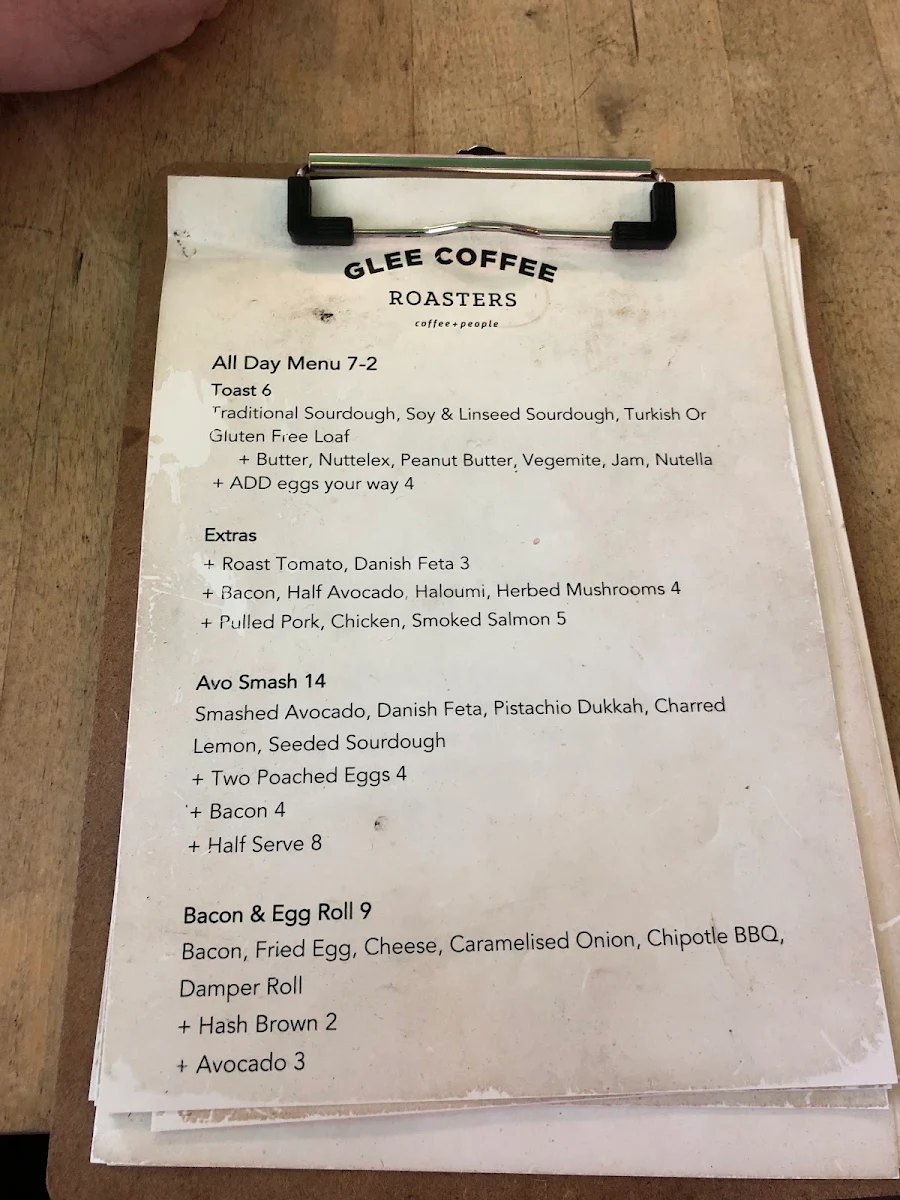 Menu, Glee Coffee Roasters Erina Heights
