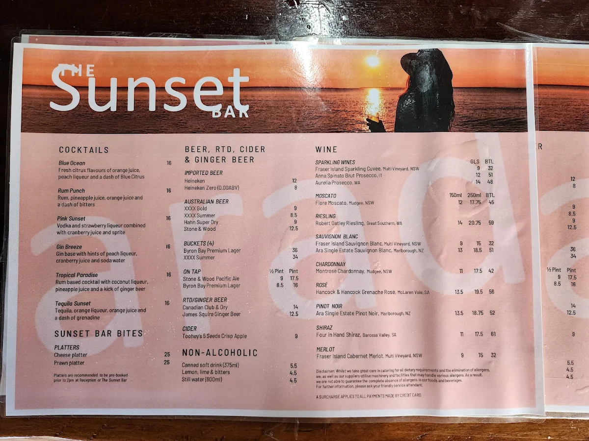 Menu, Sunset Bar