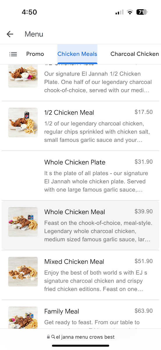 Menu, El Jannah Chicken Crows Nest