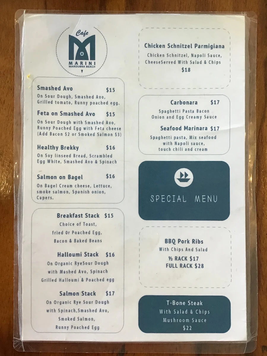 Menu, Marini Cafe