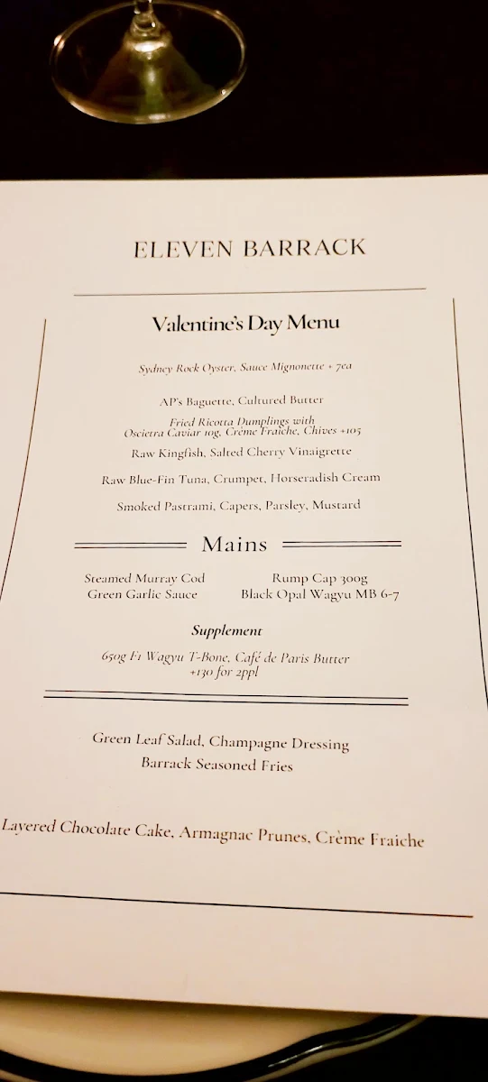 Menu, Eleven Barrack