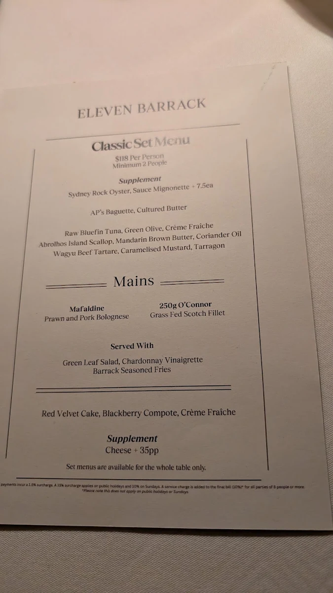 Menu, Eleven Barrack