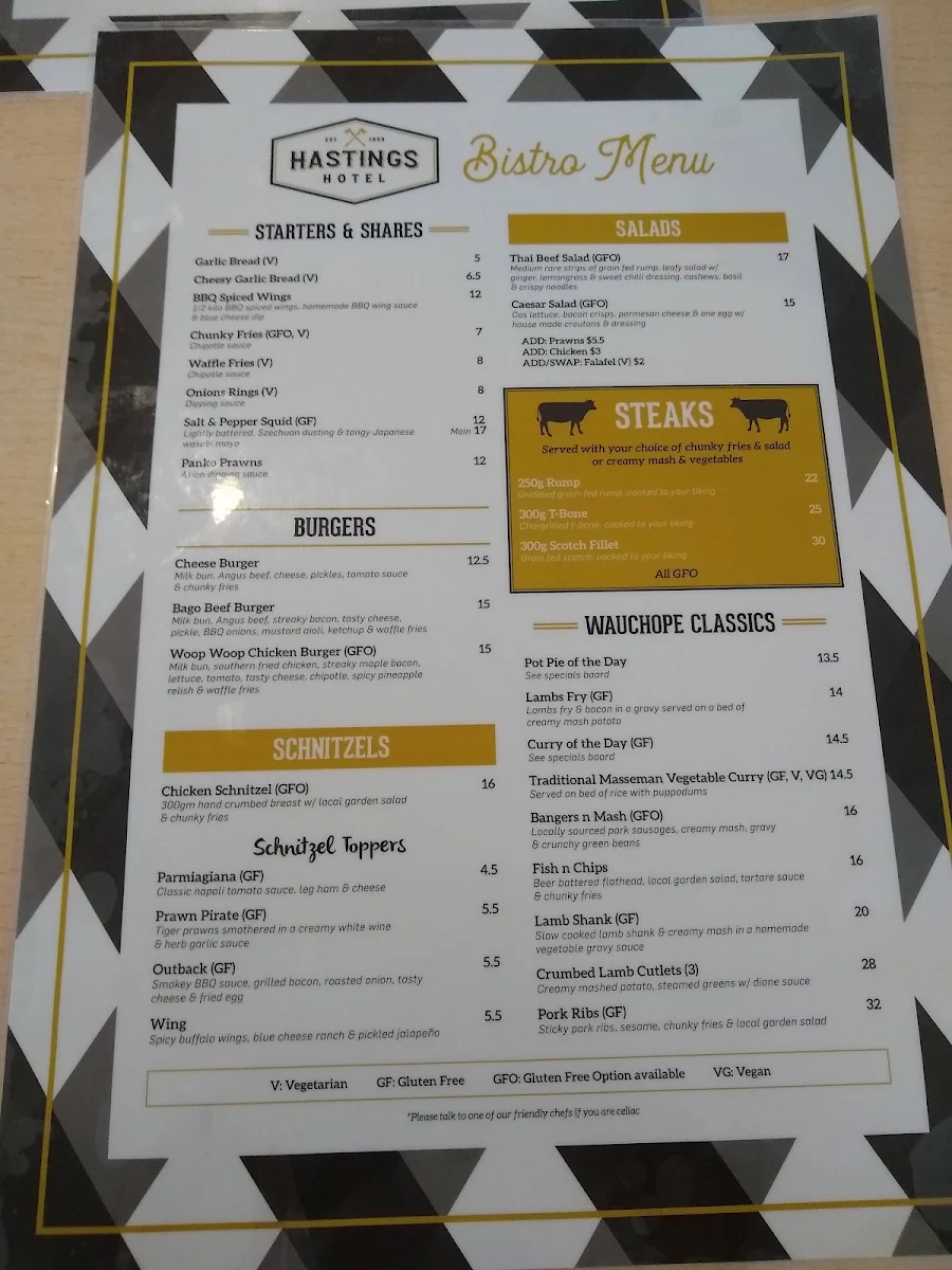 Menu, Hastings Hotel