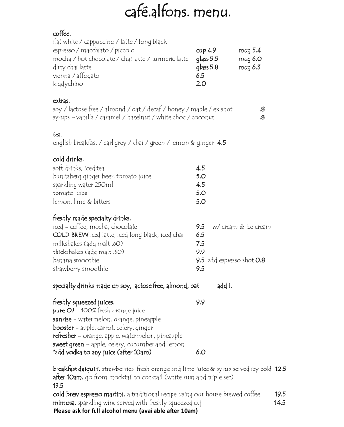 Menu, Cafe Alfons