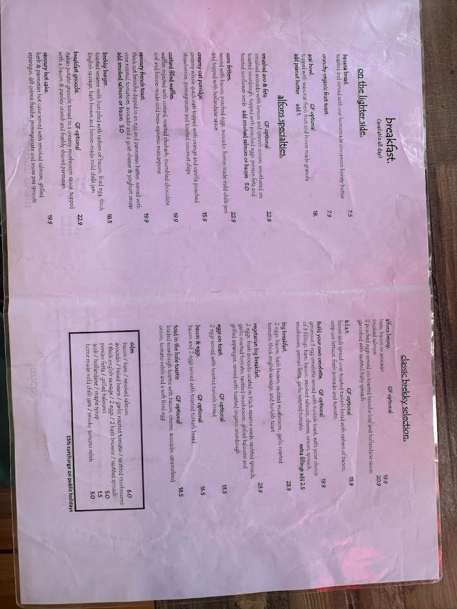 Menu, Cafe Alfons