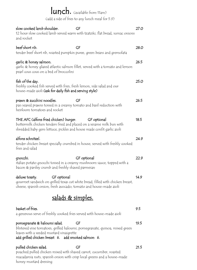 Menu, Cafe Alfons