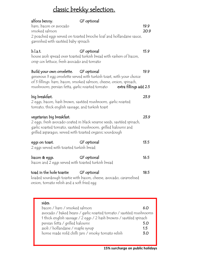 Menu, Cafe Alfons
