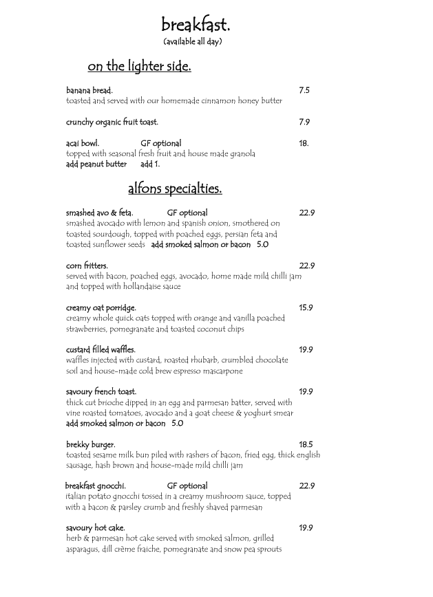 Menu, Cafe Alfons