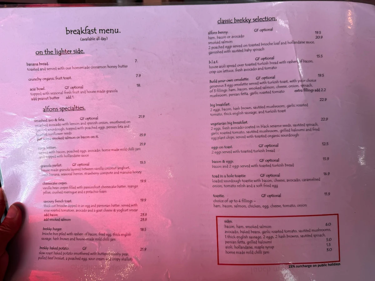 Menu, Cafe Alfons