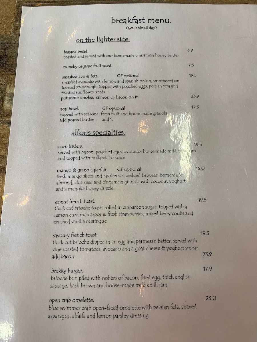 Menu, Cafe Alfons