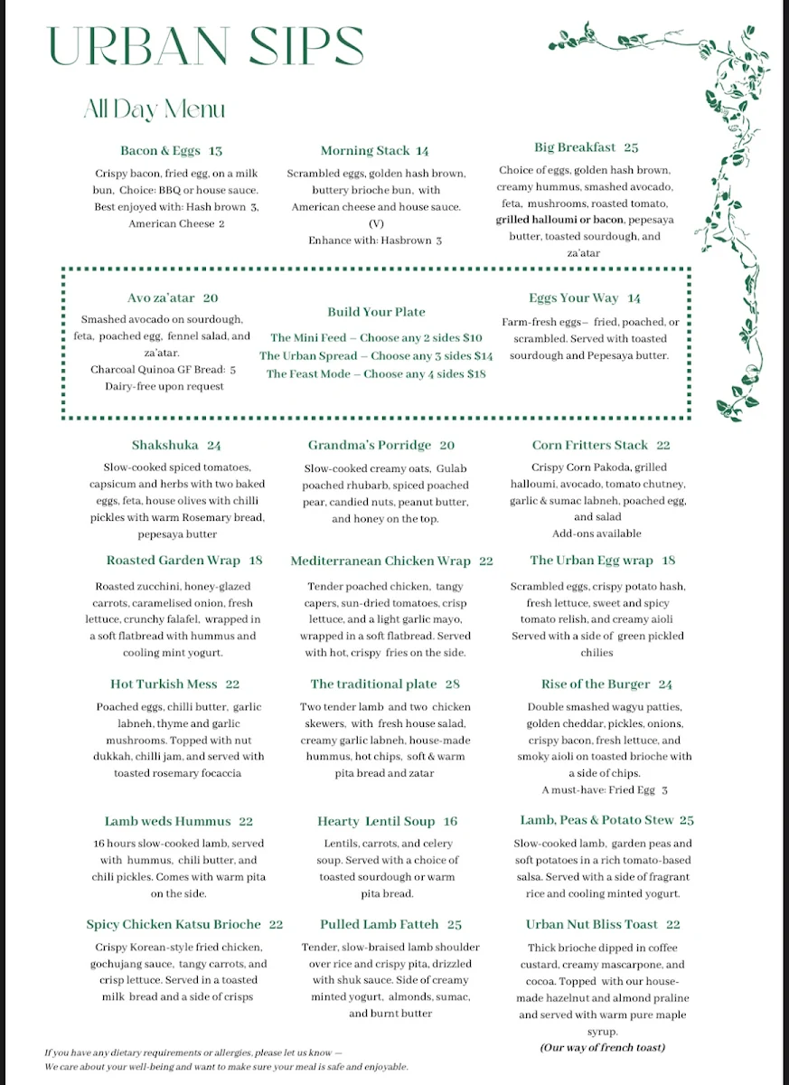 Menu, Urban Sips
