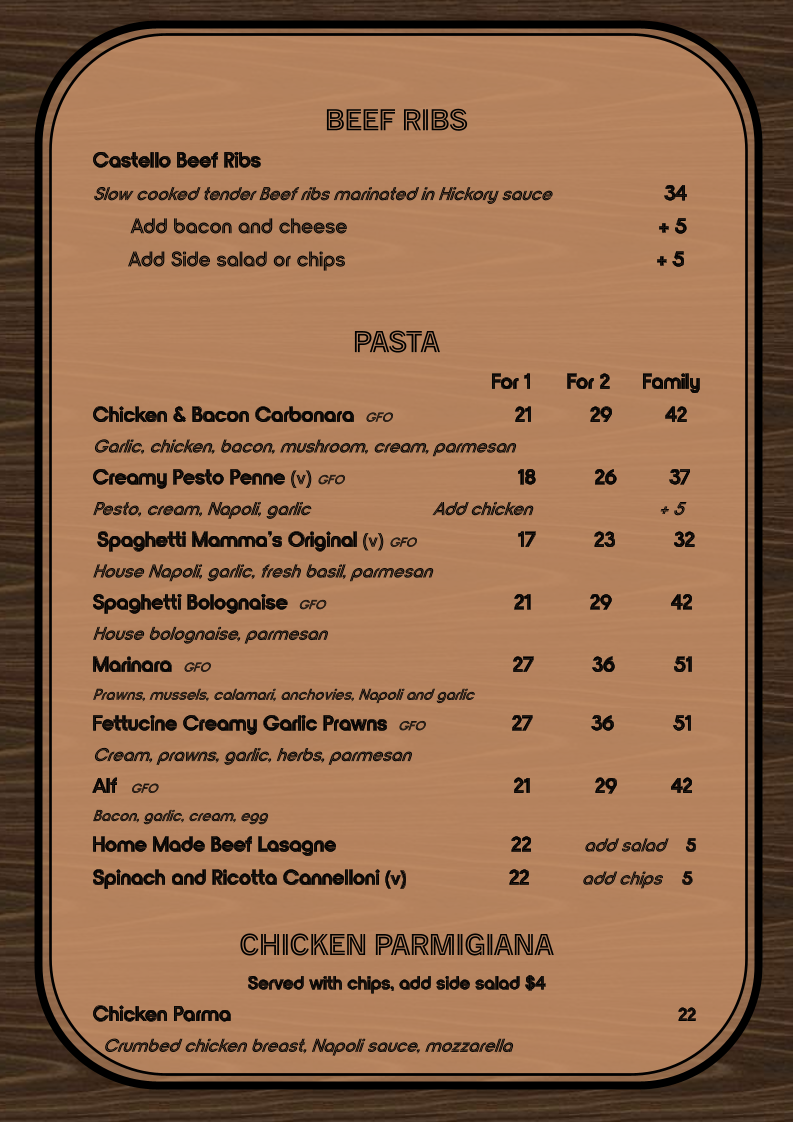 Menu, Castello Pizza & Gelato