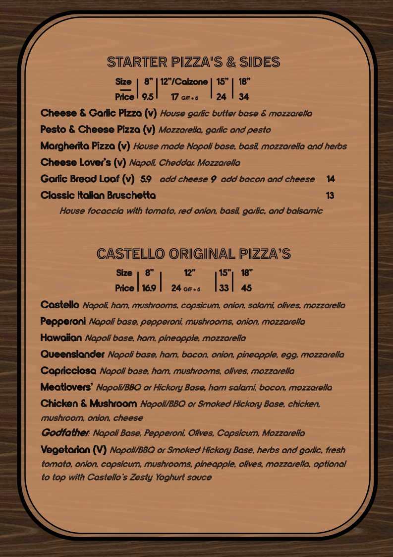 Menu, Castello Pizza & Gelato