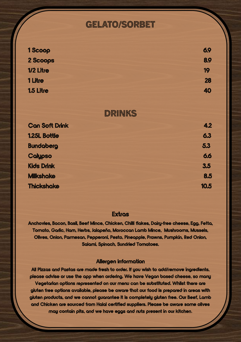 Menu, Castello Pizza & Gelato
