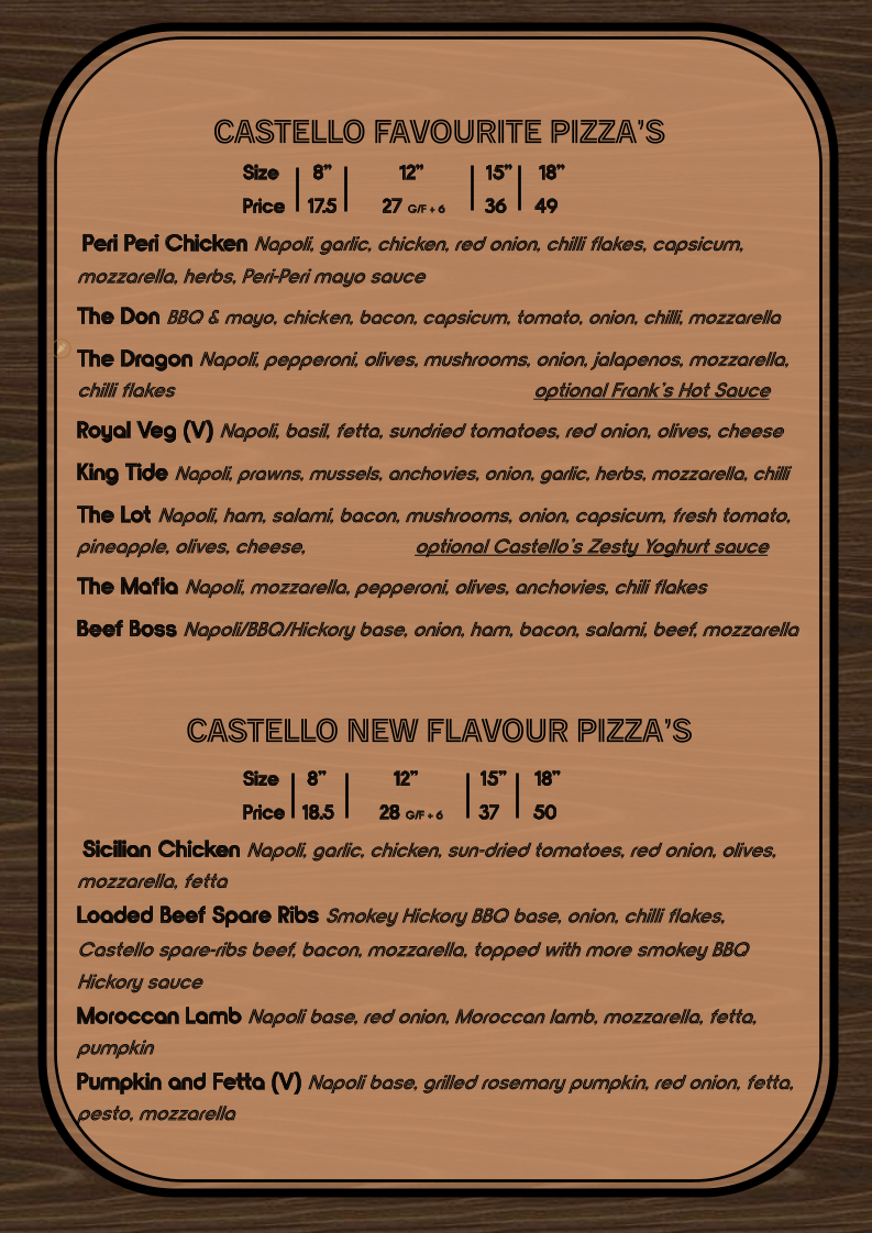 Menu, Castello Pizza & Gelato