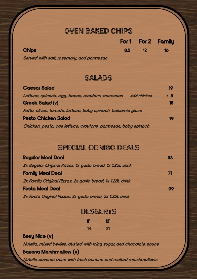 Menu, Castello Pizza & Gelato