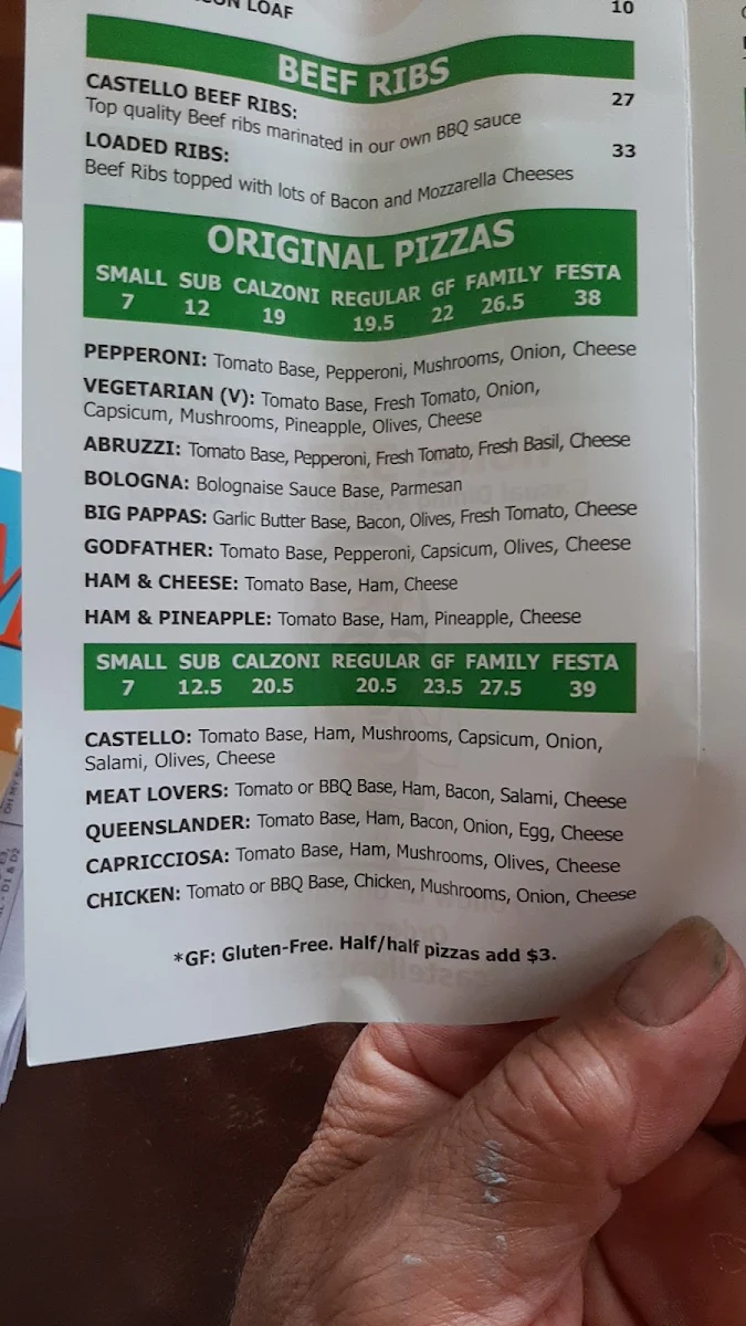 Menu, Castello Pizza & Gelato