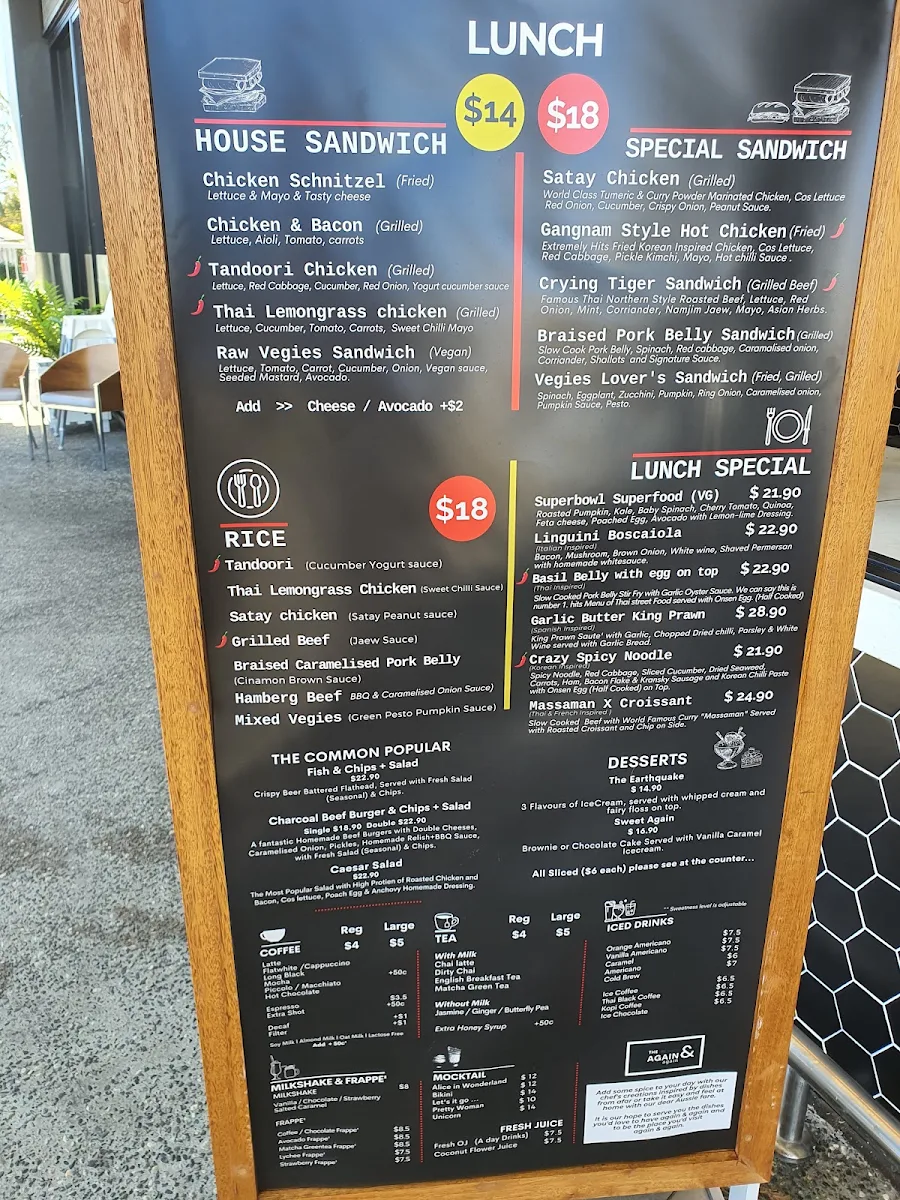 Menu, The Again & Again cafe and restaurant