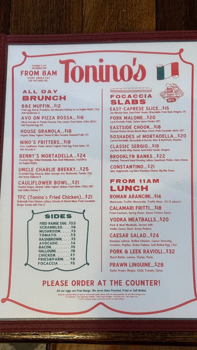 Menu, Tonino's International