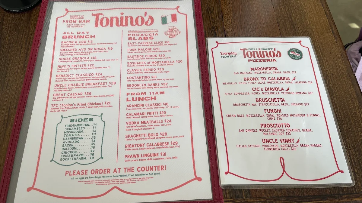 Menu, Tonino's International