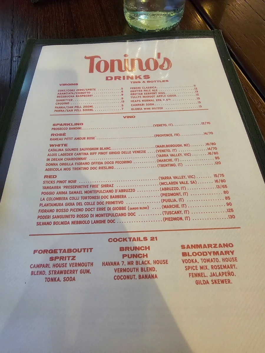 Menu, Tonino's International