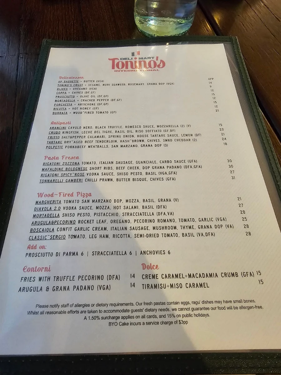 Menu, Tonino's International
