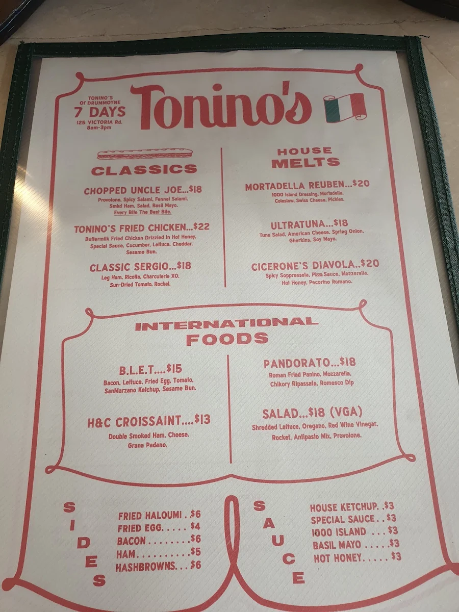 Menu, Tonino's International