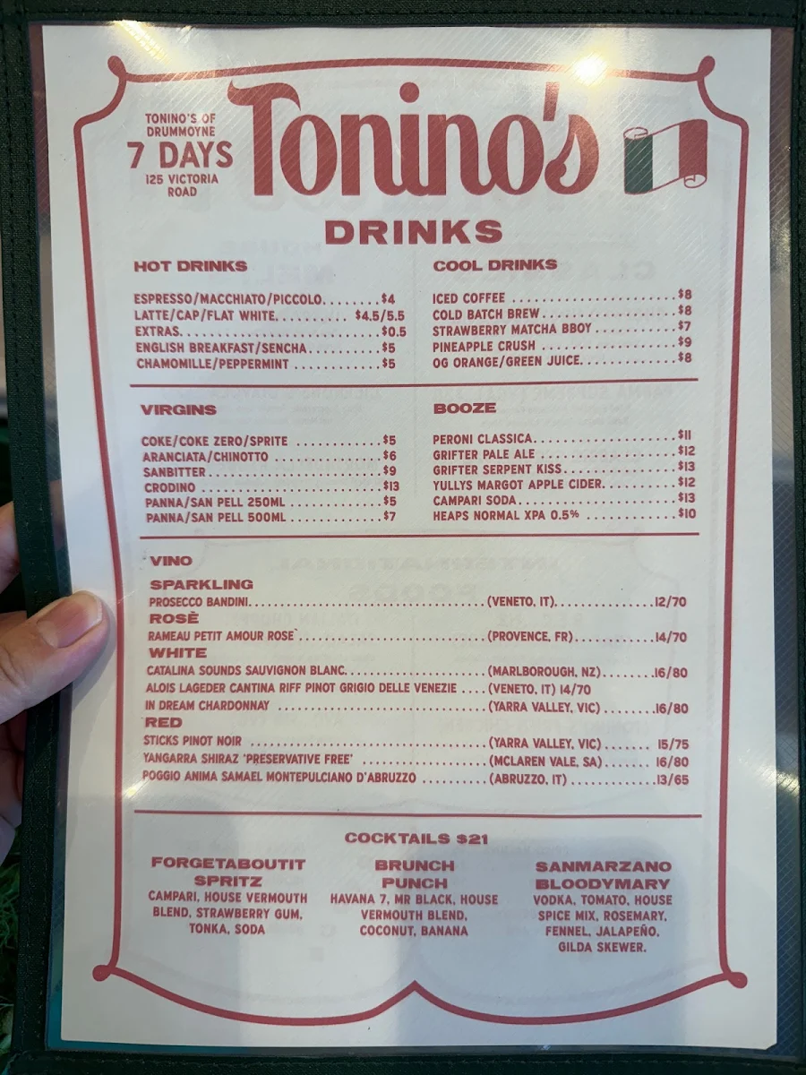 Menu, Tonino's International